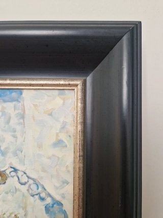 Pintura al óleo de pueblo con marco