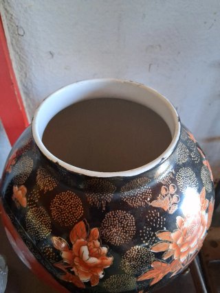 Jarrón Chino Cerámica Negro Naranja