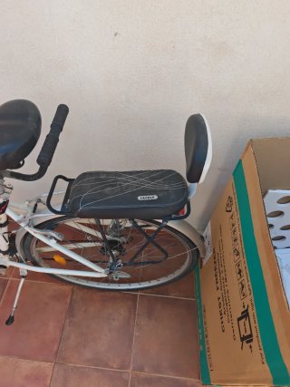 Bicicleta blanca con cesta y sillín trasero