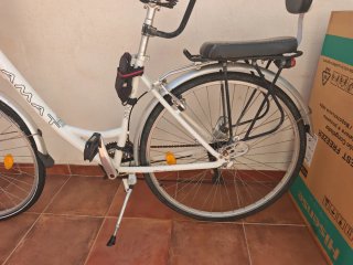 Bicicleta blanca con cesta y sillín trasero