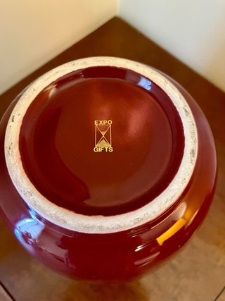 Jarrón chino con tapa, cerámica roja, oro de ley