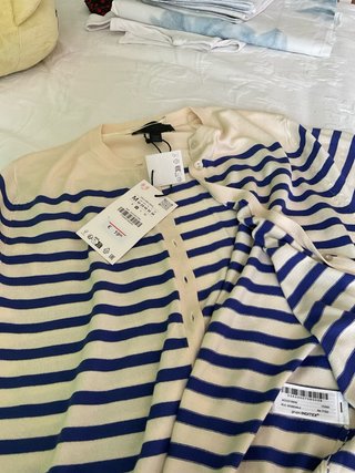 Chaqueta Zara Rayas Manga Corta Beige y Azul