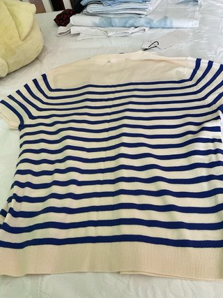Chaqueta Zara Rayas Manga Corta Beige y Azul