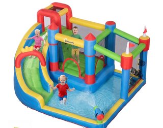 Castillo hinchable con tobogán y piscina