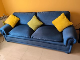 Sofá terciopelo azul, 4 plazas