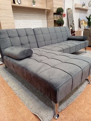 Sofá Cama Chaise Longue Gris Terciopelo