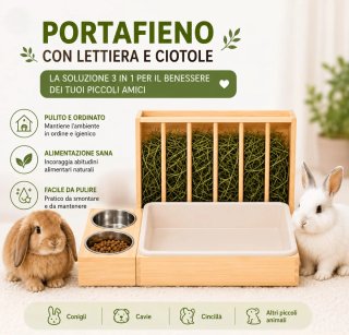 Porta heno de madera con bandeja sanitaria conejos