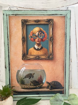 Cuadro verde envejecido tortugas en pecera