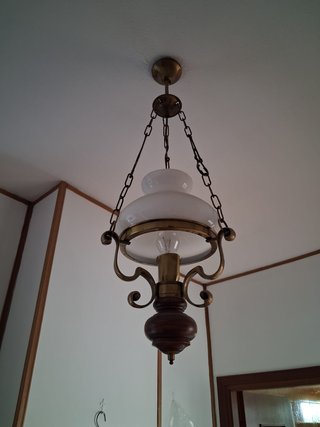 Coppia di lampadari legno, ottone e opale