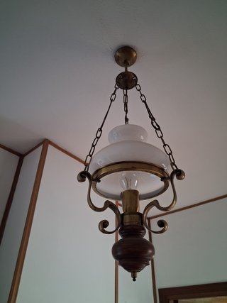 Coppia di lampadari legno, ottone e opale