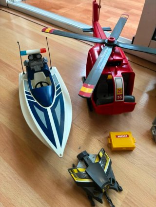 Lote Playmobil: Helicóptero, Coche Policía, Barco