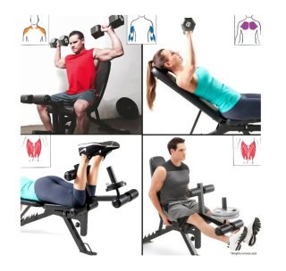 Banco musculación Marcy, soportes, barra y pesas