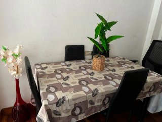 Mesa de comedor con mantel y plantas
