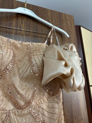 Vestido de noche dorado y rosa
