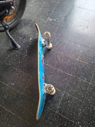 Skate azul con dibujo de esqueleto