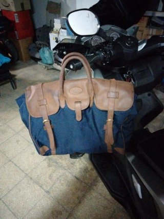 Borsa da viaggio weekend blu e cuoio
