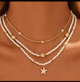 Conjunto 3 collares marinos oro y blanco, verano