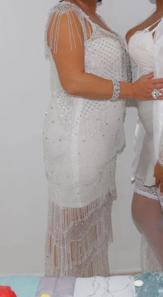 Vestido blanco pedrería y flecos talla 40 42 la