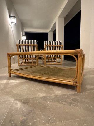 Mesa centro bambú y ratán tapa cristal