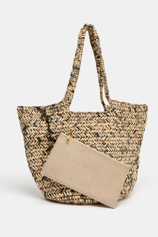 Bolso de hombro tipo rafia con cartera de lino.
