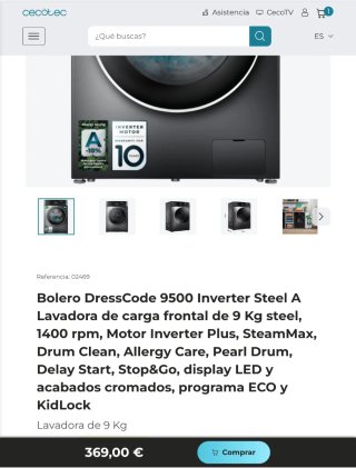 Lavadora Cecotec Bolero DressCode9500 Inverter 9kg