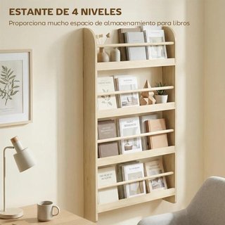 Estantería Pared 4 Estantes Libros Natural 113cm
