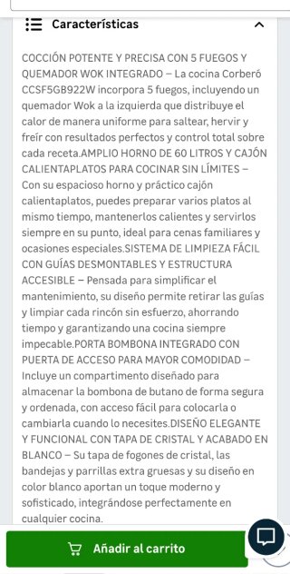 Cocina Corberó 5 fuegos gas butano con horno