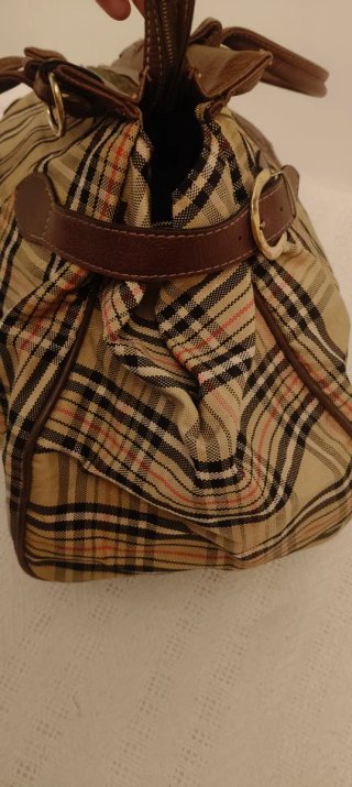 Maleta vintage diente tela asas cuero