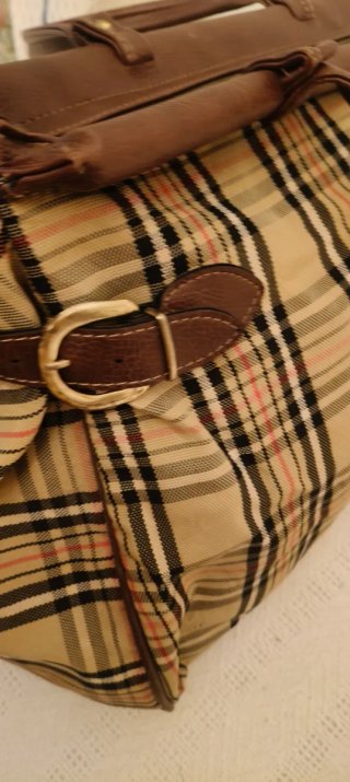 Maleta vintage diente tela asas cuero