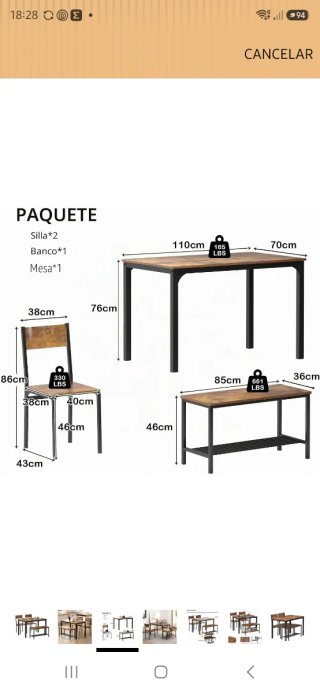 Juego comedor 4 piezas industrial Sogesfurniture