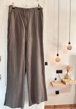 Pantalón Zara Lino verde oliva , muy oscuro,