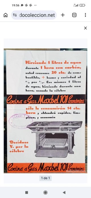 Antigua cocina de gas. Maxbel 101. Año 1952