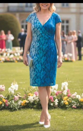 Vestido Gina Bacconi Talla 42 Encaje Azul/Blanco