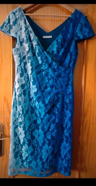 Vestido Gina Bacconi Talla 42 Encaje Azul/Blanco