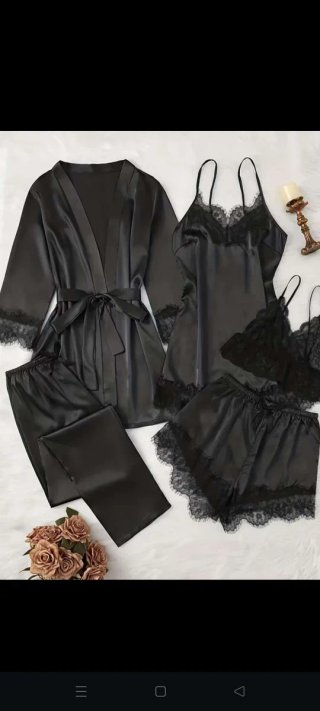 Conjunto lencero mujer satén negro 5 piezas
