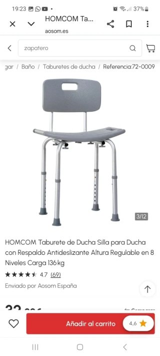Silla de ducha gris con respaldo