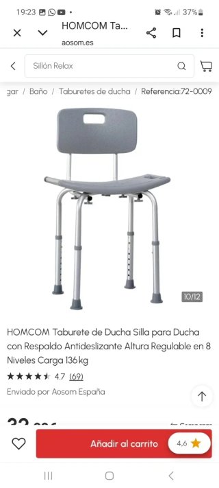 Silla de ducha gris con respaldo