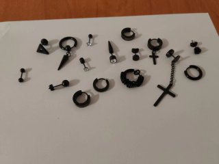16 Pendientes Aro Hombre Acero Negro/Plata