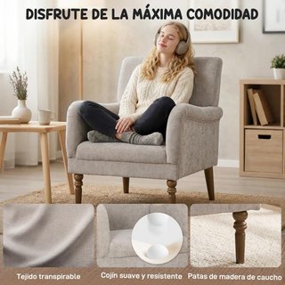 Sofá Individual Lino Gris Patas Madera Acolchado