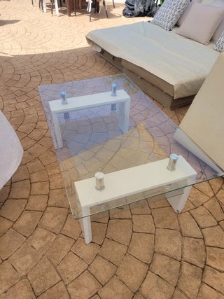 Mesa de centro cristal, metal y madera