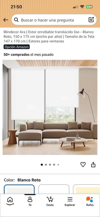 Estor enrollable blanco 150x175 cm. Translucido.
