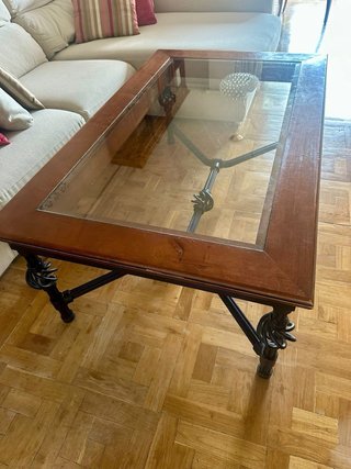 Mesa de centro forja, madera y cristal