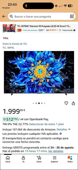 TV TCL 98 QD-Mini LED 98P8L 4K Smart TV