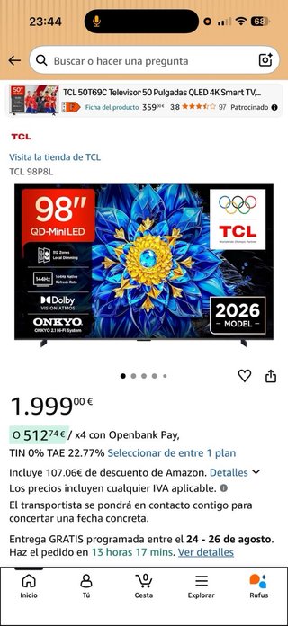 TV TCL 98 QD-Mini LED 98P8L 4K Smart TV