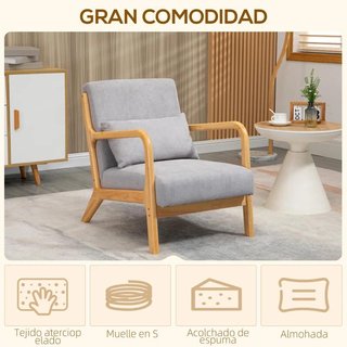 Butaca Nórdica Acolchada Madera Reposabrazos Gris