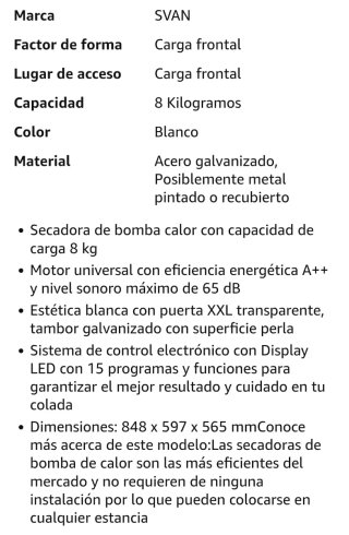 Secadora Svan Bomba de Calor 8kg