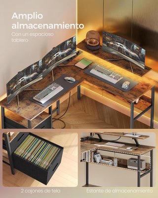 Escritorio Esquinero VASAGLE L 150cm LED 2 Cajones