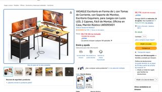 Escritorio Esquinero VASAGLE L 150cm LED 2 Cajones
