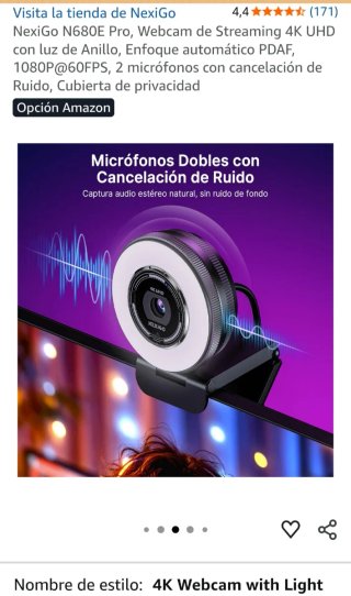 NexiGo N680E Pro Webcam FHD con Anillo de Luz