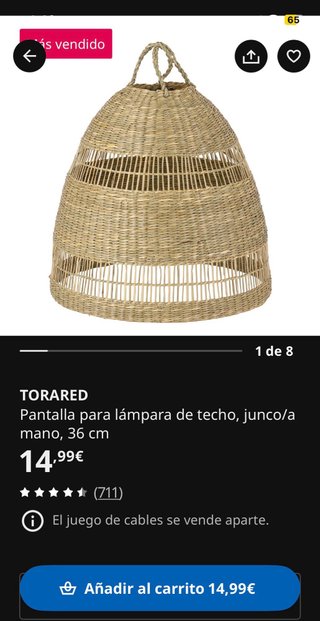 Pantalla lámpara techo mimbre tejida 25€ dos